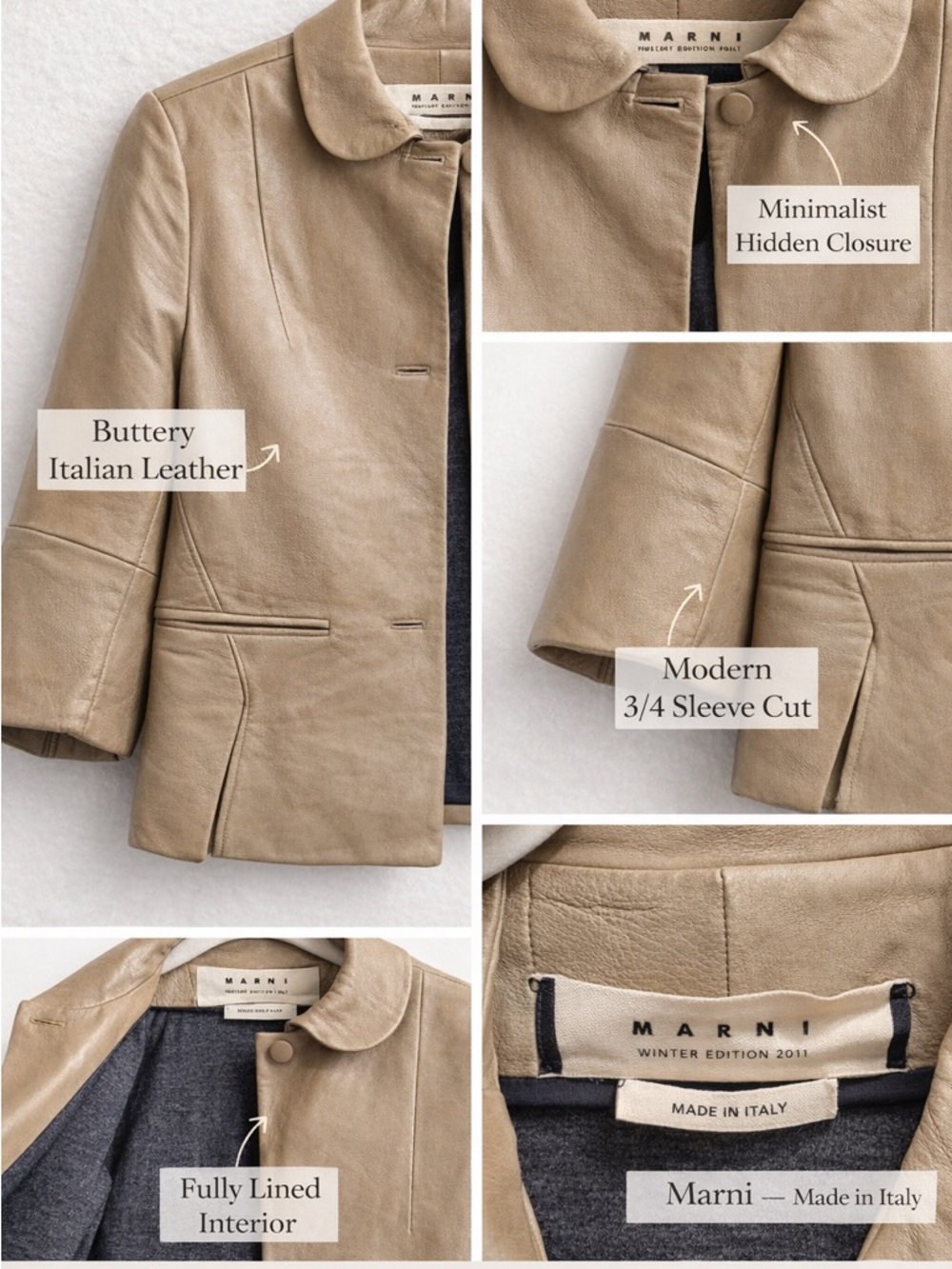 Marni minimalist leather jacket cropped 34 sleeve italian size 38 Quiet Luxury - Picture 3 of 13